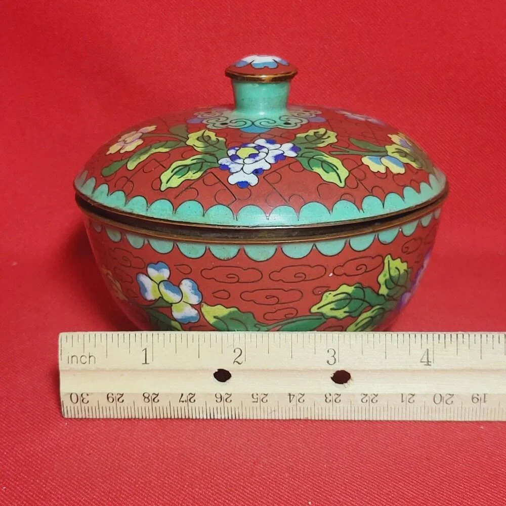 Vintage Cloisonné Brass Bowl With Lid Covered Red Dish